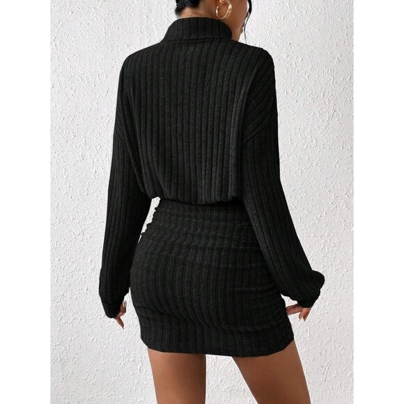 Women's Black Lantern Sleeve Turtle Neck Cute Ribbed Knit Pullover Sweater Dress - Picture 3 of 5